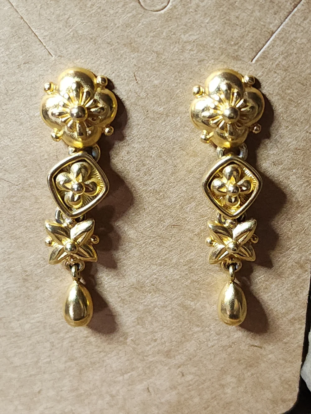Unique Vintage Gold Floral Drop Earrings - Signed Monet